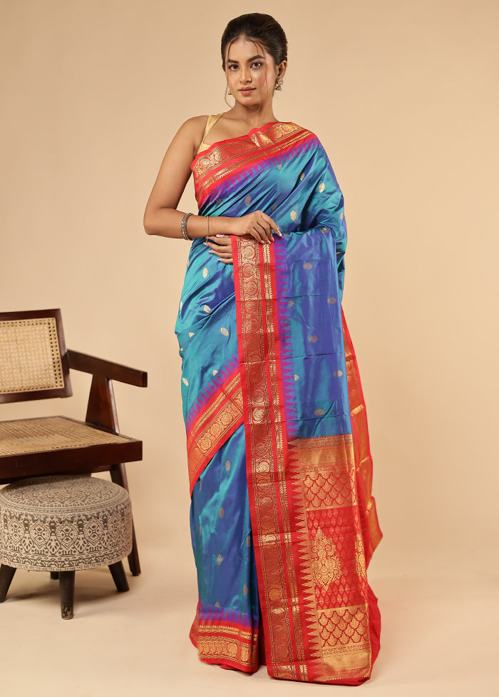 Blue Handloom Kanchipuram Pure Silk Saree With Blouse Piece