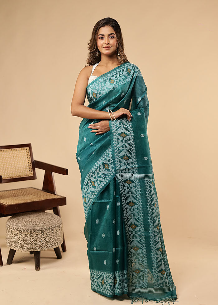 Green Handloom Tussar Pure Silk Saree With Blouse Piece