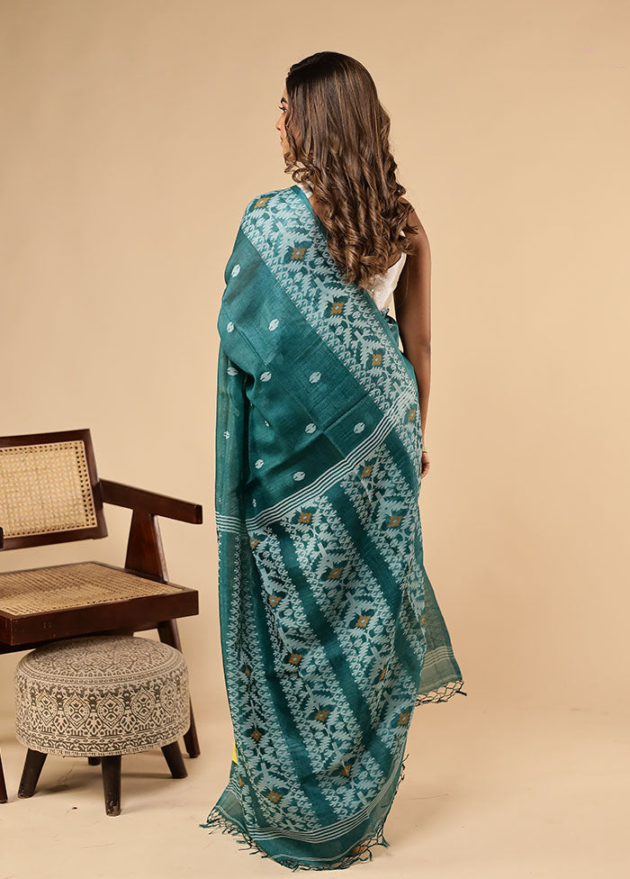 Green Handloom Tussar Pure Silk Saree With Blouse Piece