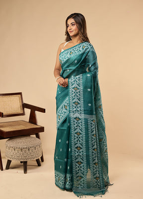 Green Handloom Tussar Pure Silk Saree With Blouse Piece