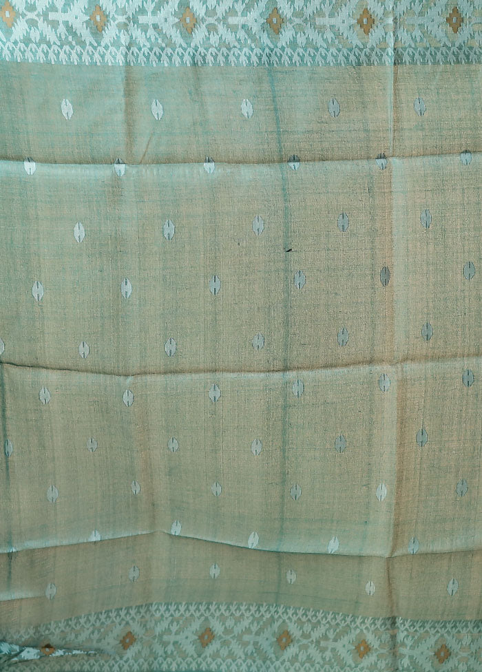 Green Handloom Tussar Pure Silk Saree With Blouse Piece