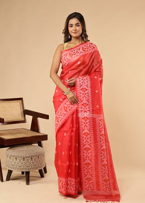 Red Handloom Tussar Pure Silk Saree With Blouse Piece