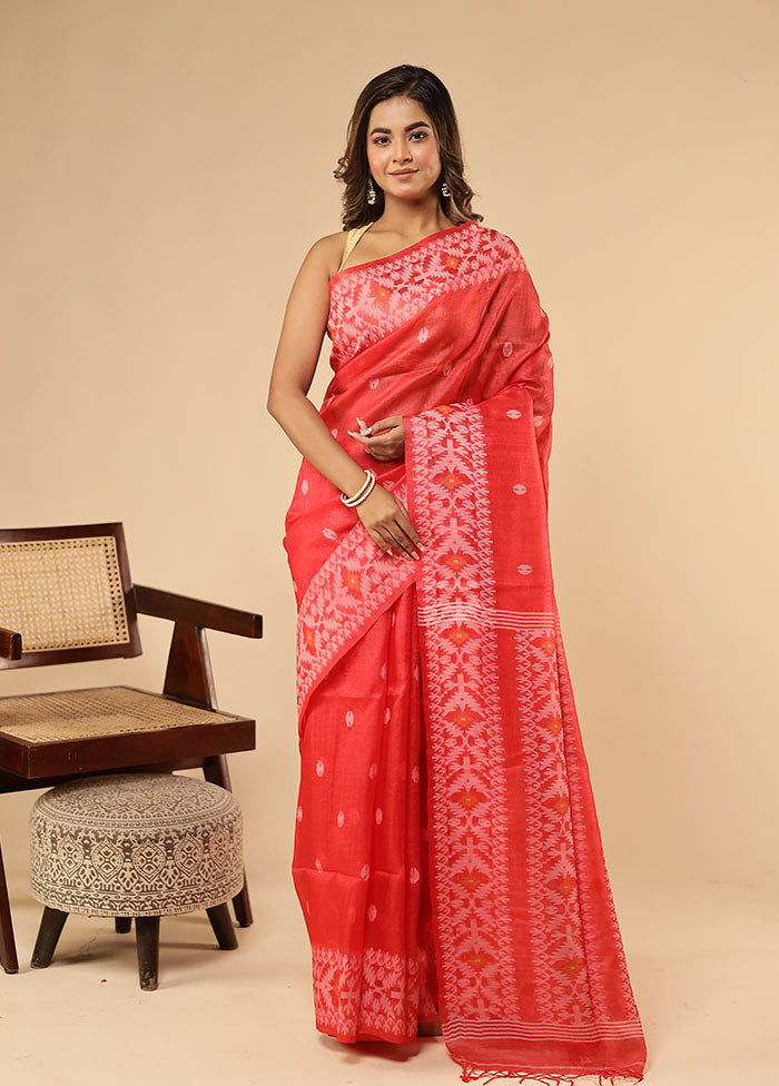 Red Handloom Tussar Pure Silk Saree With Blouse Piece