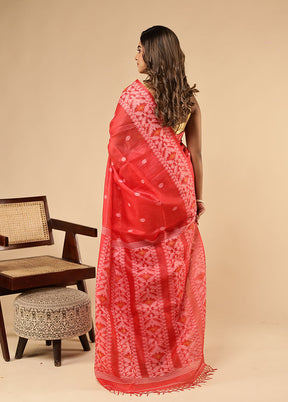 Red Handloom Tussar Pure Silk Saree With Blouse Piece
