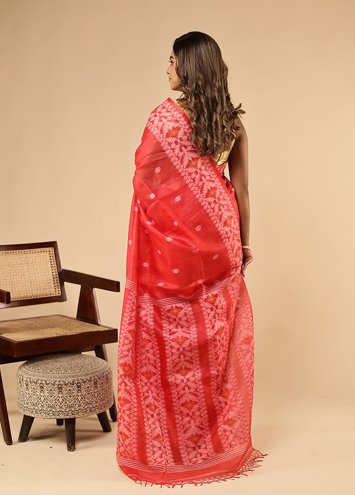 Red Handloom Tussar Pure Silk Saree With Blouse Piece
