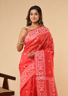 Red Handloom Tussar Pure Silk Saree With Blouse Piece