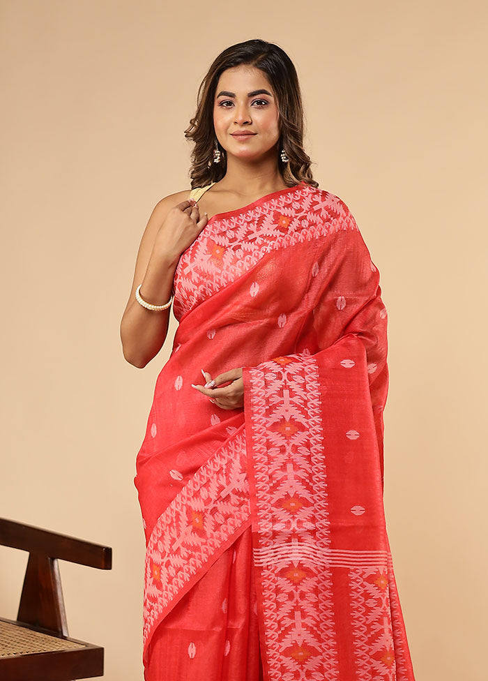 Red Handloom Tussar Pure Silk Saree With Blouse Piece