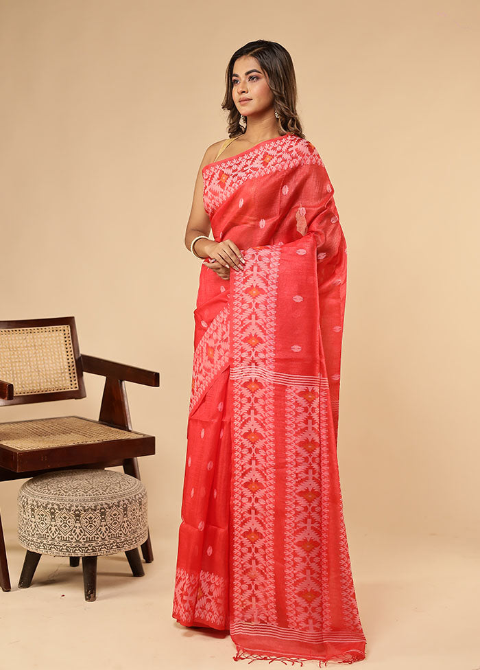 Red Handloom Tussar Pure Silk Saree With Blouse Piece