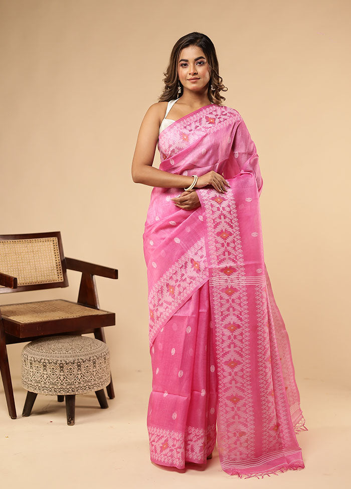 Pink Handloom Tussar Pure Silk Saree With Blouse Piece
