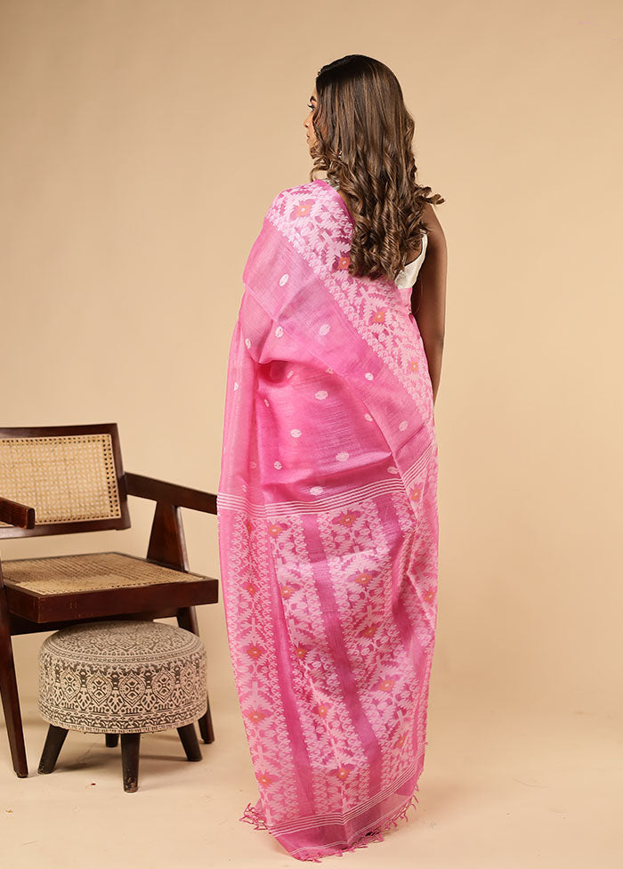 Pink Handloom Tussar Pure Silk Saree With Blouse Piece