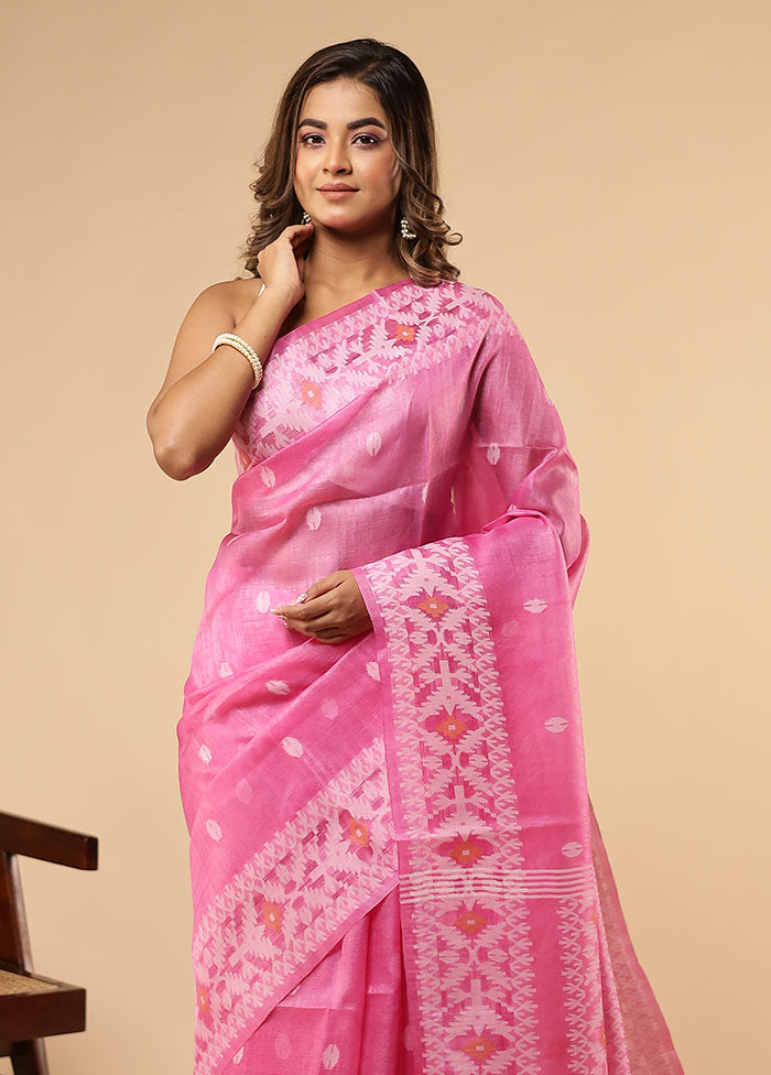 Pink Handloom Tussar Pure Silk Saree With Blouse Piece