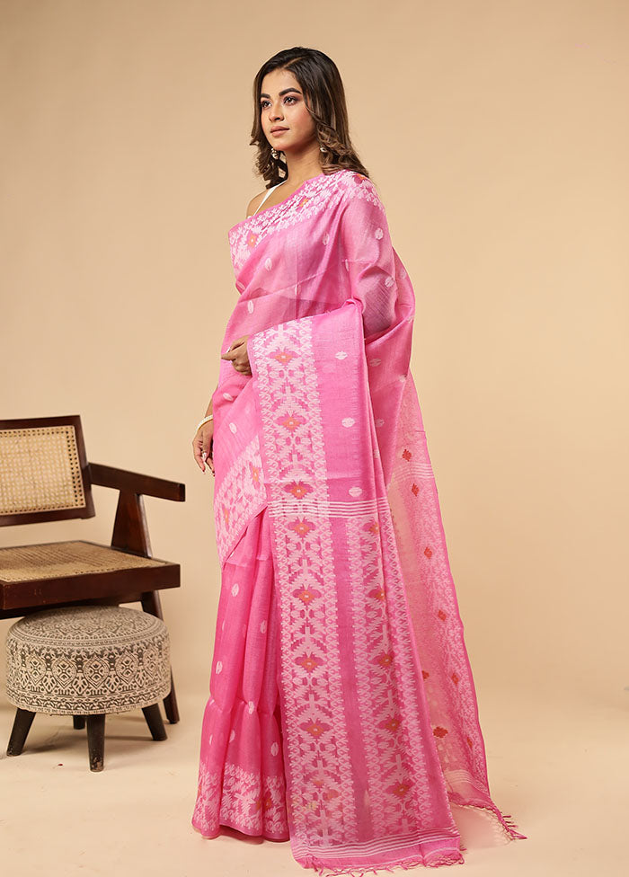 Pink Handloom Tussar Pure Silk Saree With Blouse Piece