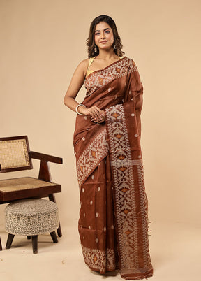 Brown Handloom Tussar Pure Silk Saree With Blouse Piece