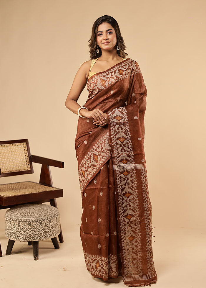 Brown Handloom Tussar Pure Silk Saree With Blouse Piece