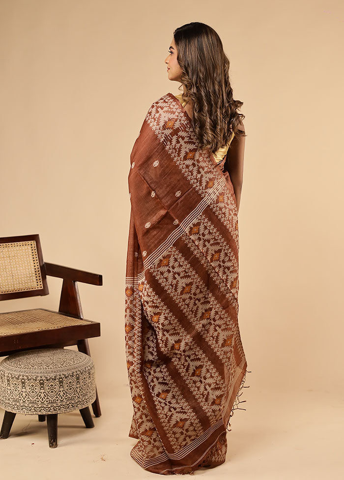 Brown Handloom Tussar Pure Silk Saree With Blouse Piece