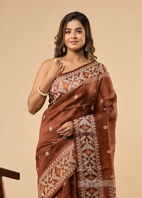 Brown Handloom Tussar Pure Silk Saree With Blouse Piece