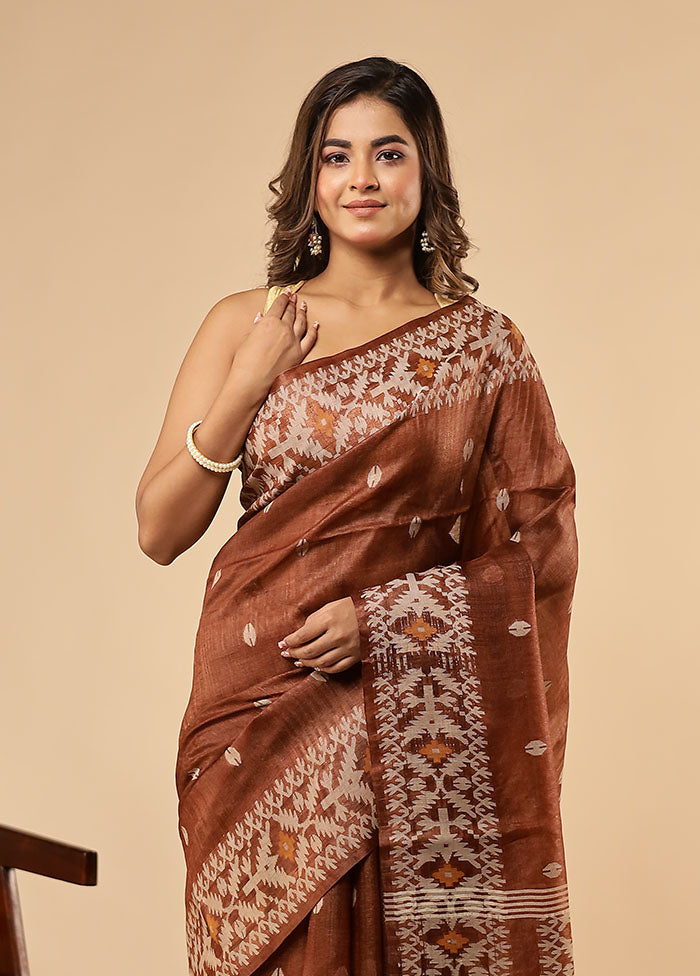 Brown Handloom Tussar Pure Silk Saree With Blouse Piece