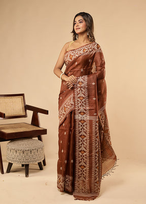 Brown Handloom Tussar Pure Silk Saree With Blouse Piece