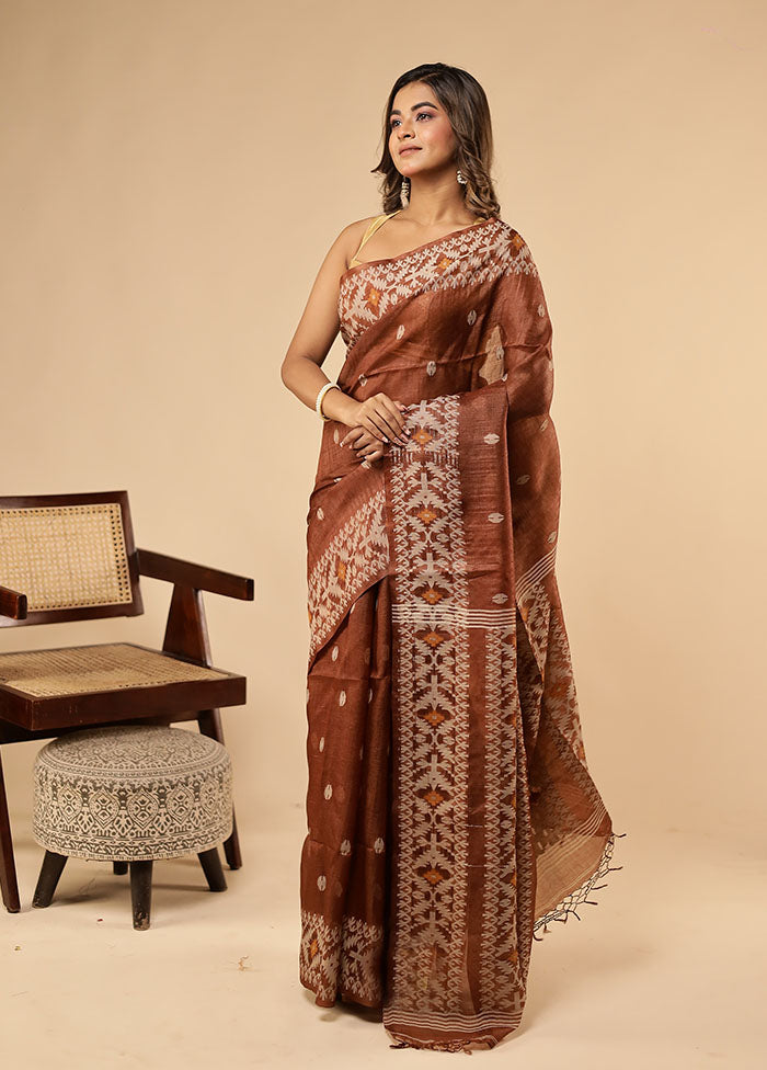 Brown Handloom Tussar Pure Silk Saree With Blouse Piece
