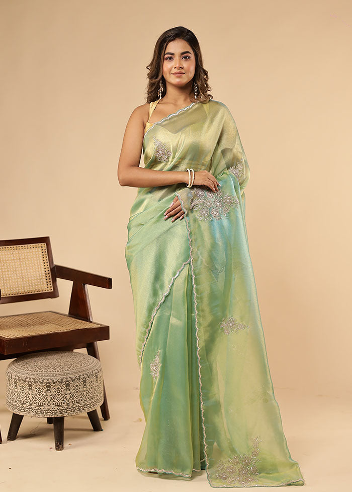 Green Handloom Pure Georgette Saree With Blouse Piece