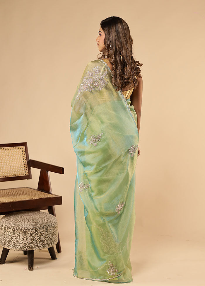 Green Handloom Pure Georgette Saree With Blouse Piece