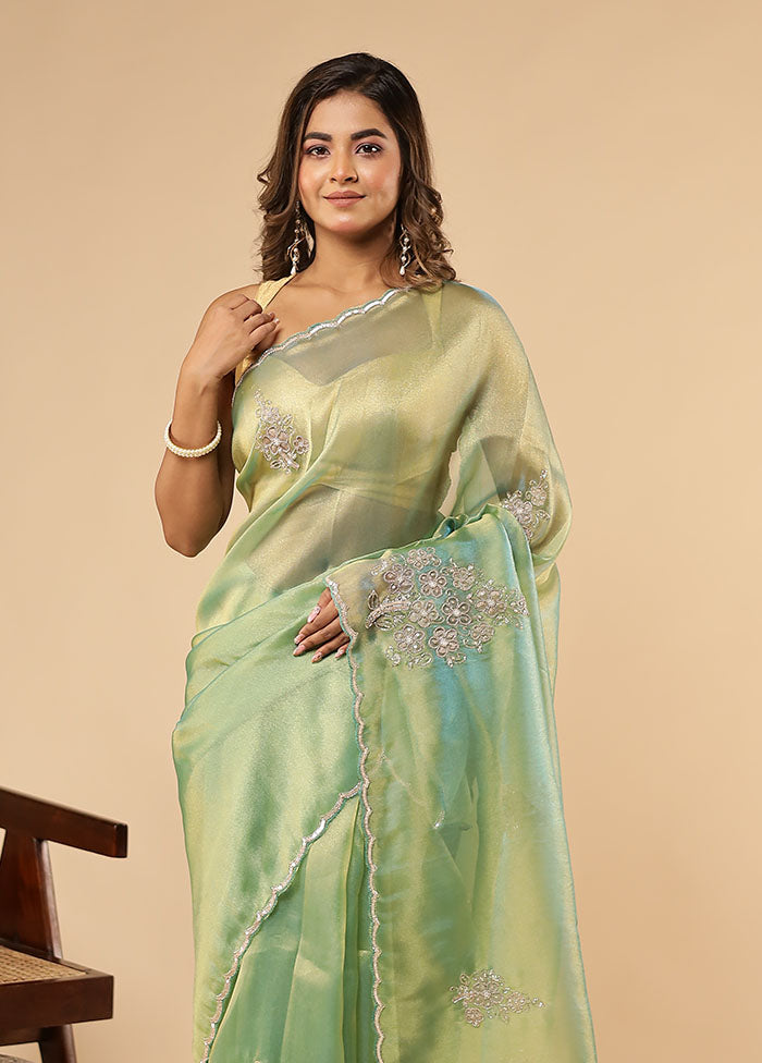 Green Handloom Pure Georgette Saree With Blouse Piece