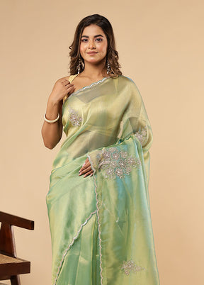 Green Handloom Pure Georgette Saree With Blouse Piece