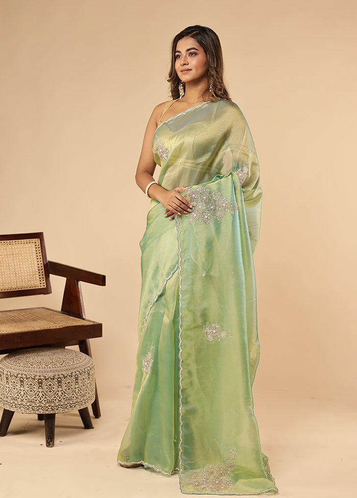 Green Handloom Pure Georgette Saree With Blouse Piece