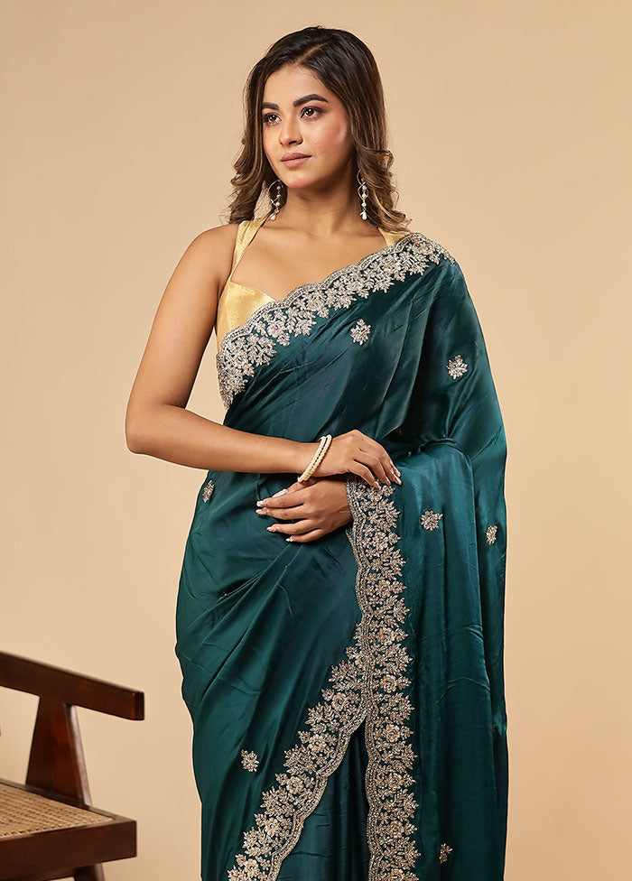 Green Handloom Pure Georgette Saree With Blouse Piece