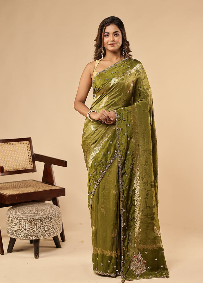 Green Handloom Pure Georgette Saree With Blouse Piece