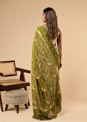 Green Handloom Pure Georgette Saree With Blouse Piece