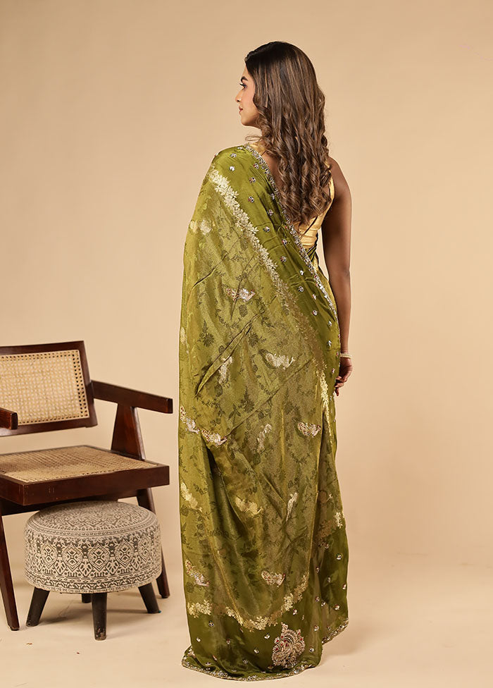 Green Handloom Pure Georgette Saree With Blouse Piece