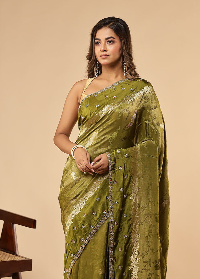 Green Handloom Pure Georgette Saree With Blouse Piece
