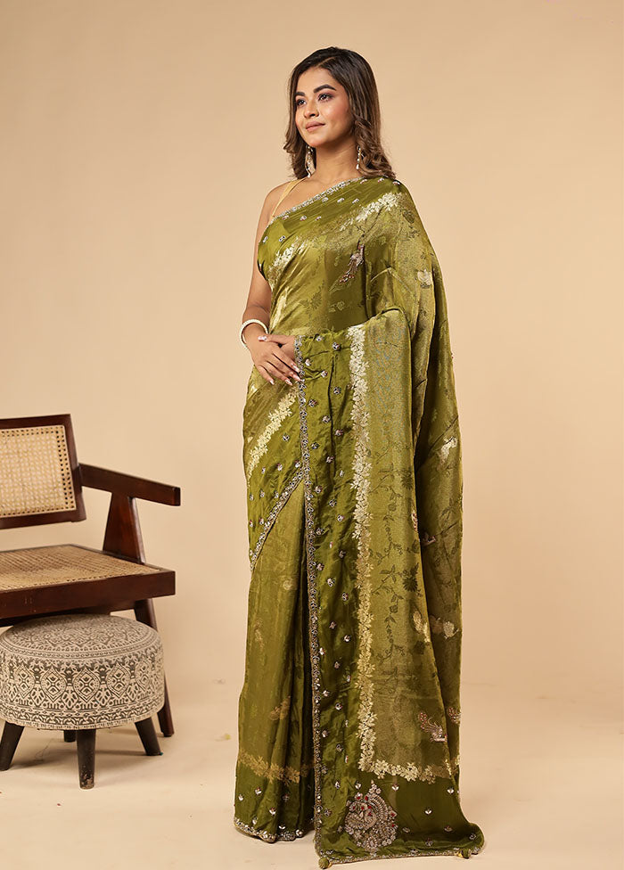 Green Handloom Pure Georgette Saree With Blouse Piece