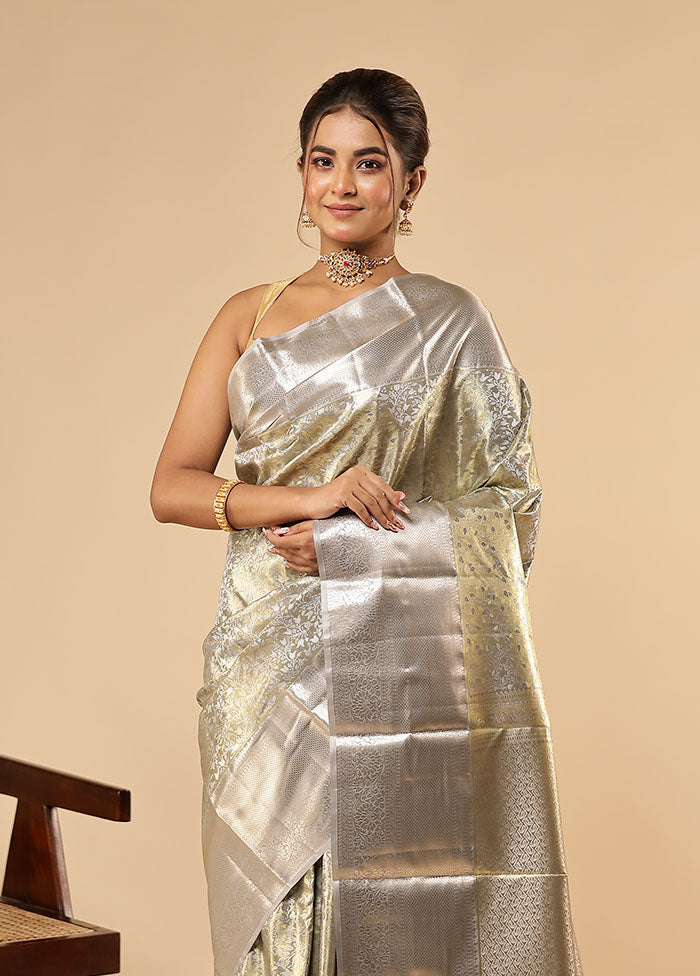 Grey Kanjivaram Silk Saree With Blouse Piece