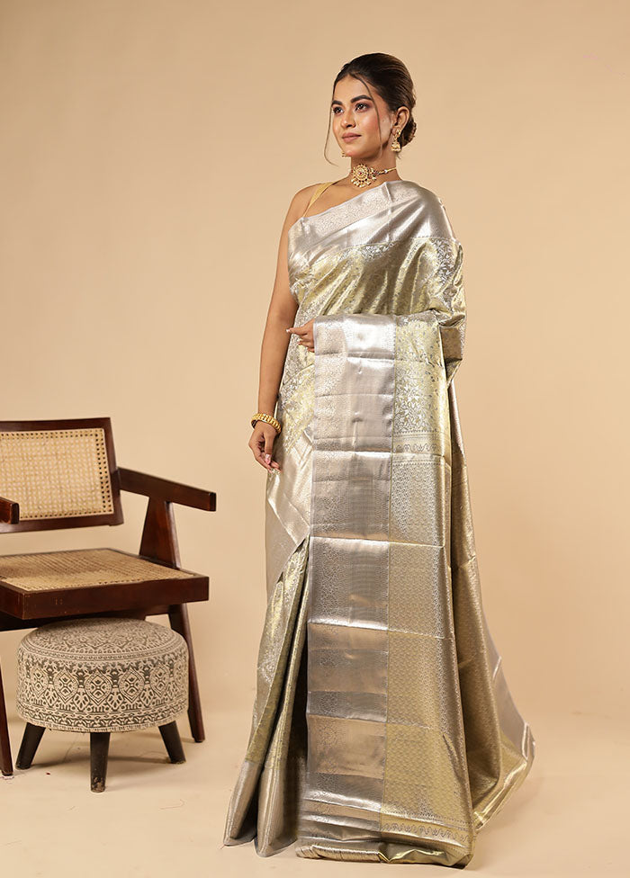 Grey Kanjivaram Silk Saree With Blouse Piece