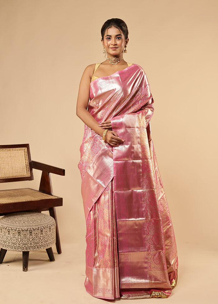 Pink Kanjivaram Silk Saree With Blouse Piece