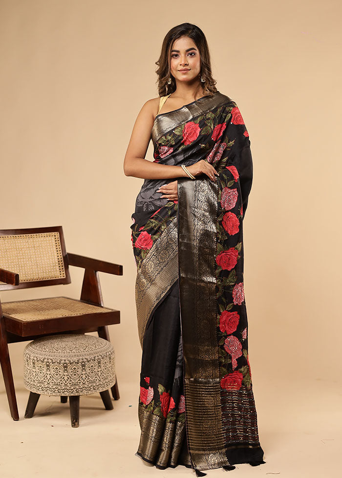 Black Dupion Silk Saree With Blouse Piece