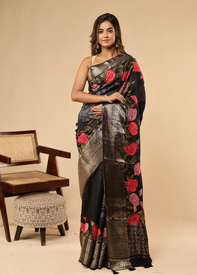 Black Dupion Silk Saree With Blouse Piece