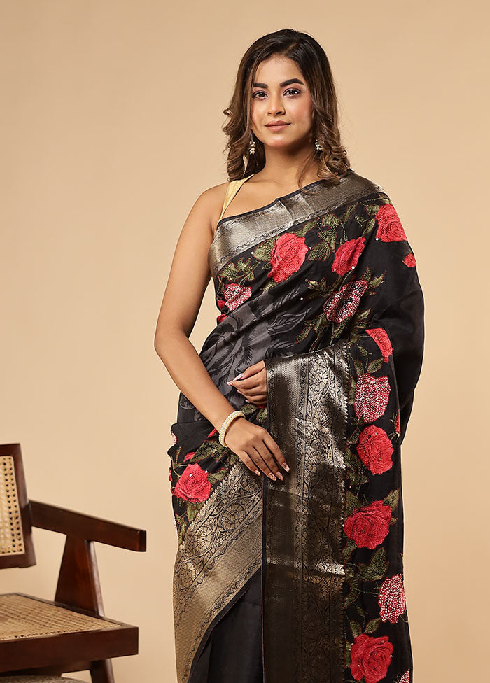 Black Dupion Silk Saree With Blouse Piece