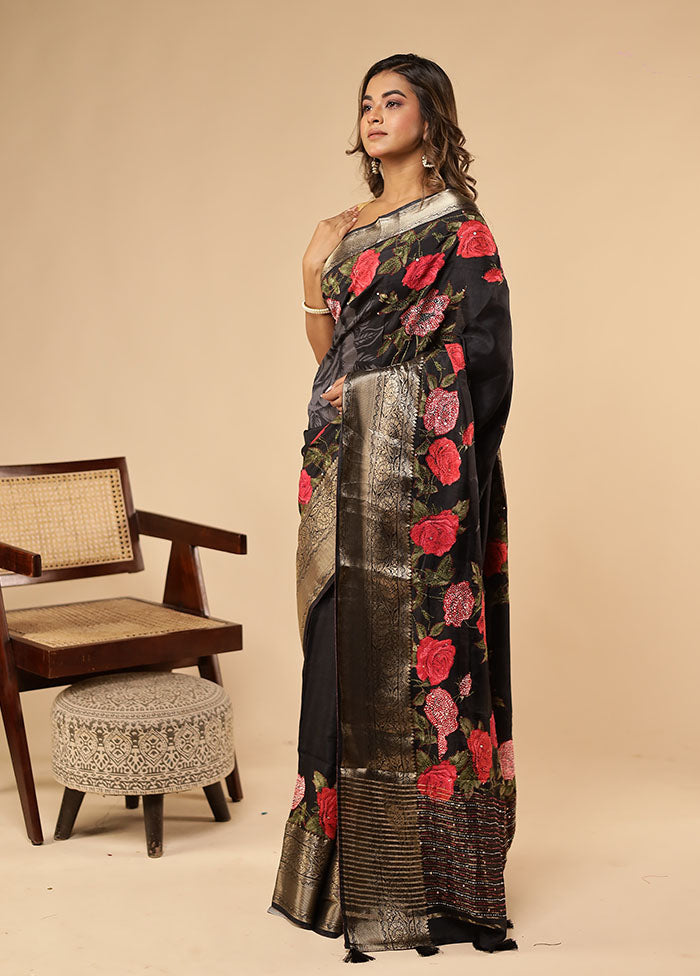 Black Dupion Silk Saree With Blouse Piece