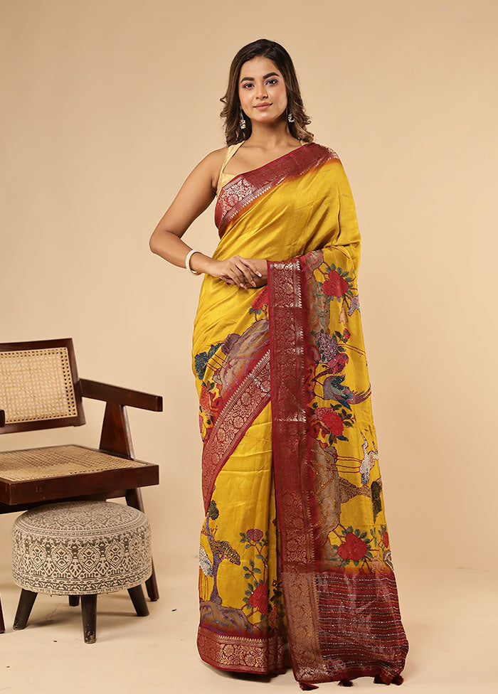 Yellow Dupion Silk Saree With Blouse Piece