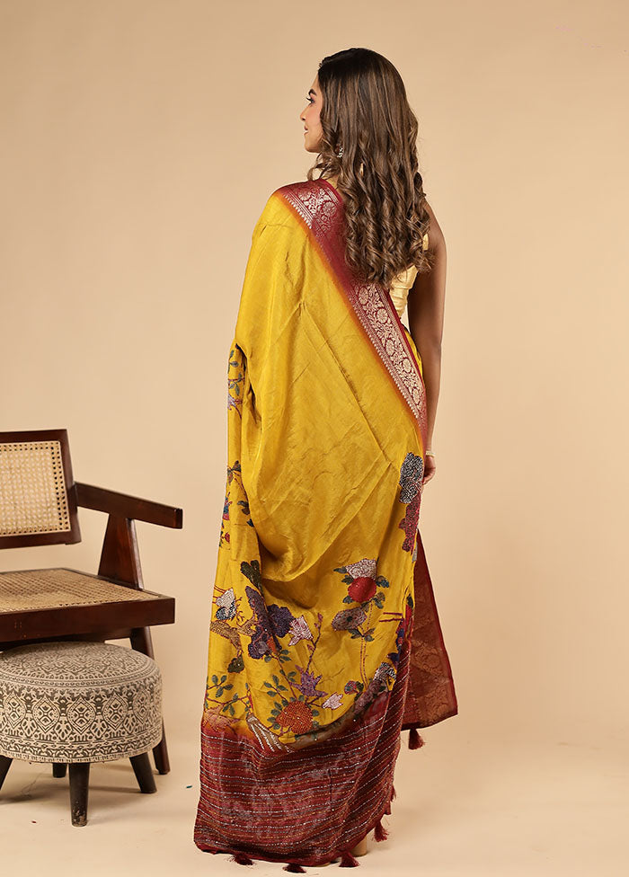 Yellow Dupion Silk Saree With Blouse Piece
