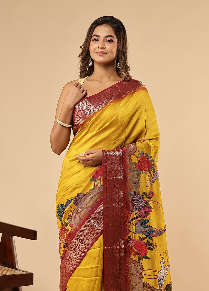 Yellow Dupion Silk Saree With Blouse Piece