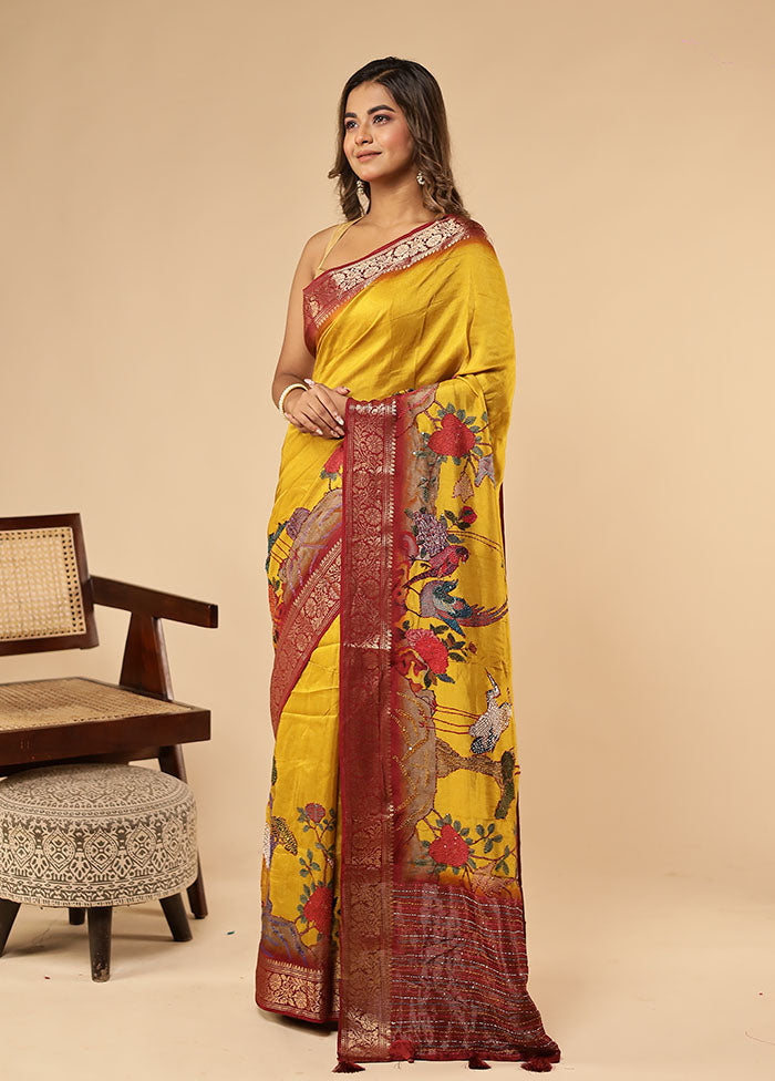 Yellow Dupion Silk Saree With Blouse Piece