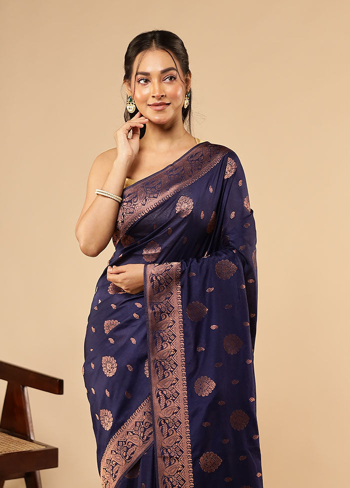 Blue Dupion Silk Saree With Blouse Piece