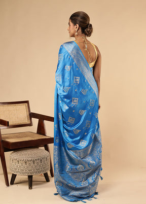 Blue Dupion Silk Saree With Blouse Piece