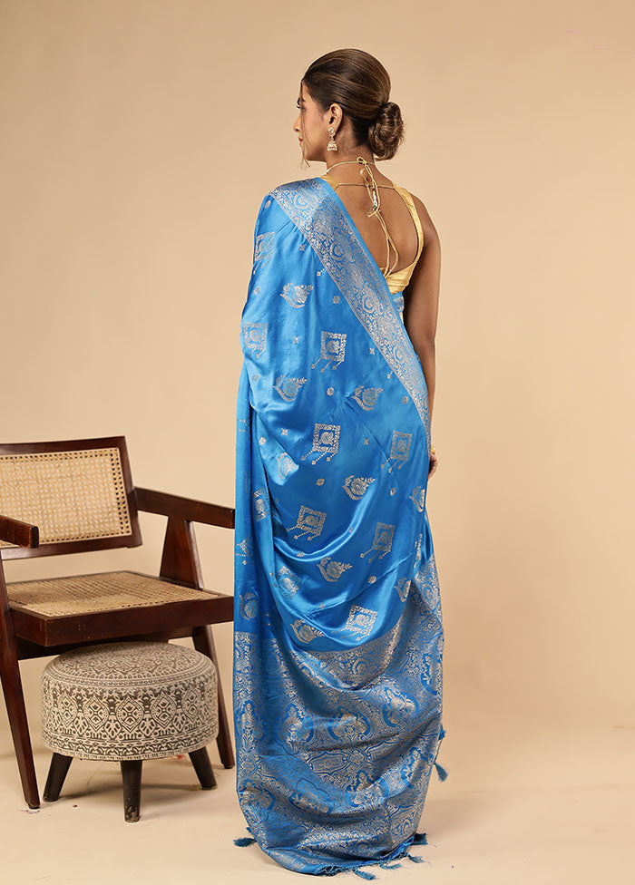 Blue Dupion Silk Saree With Blouse Piece