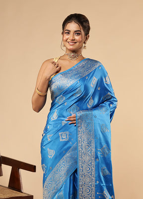 Blue Dupion Silk Saree With Blouse Piece