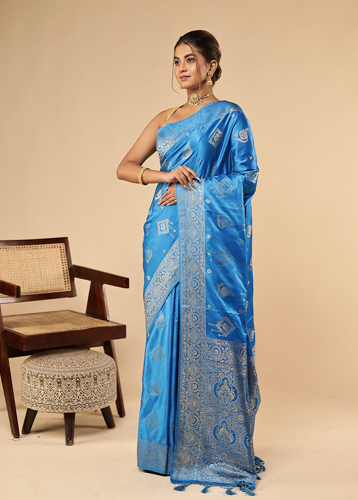 Blue Dupion Silk Saree With Blouse Piece